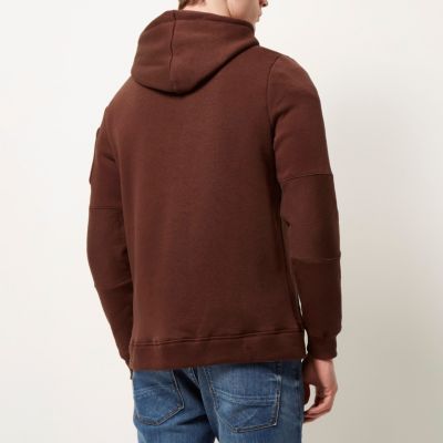 Dark red zip pocket long sleeve hoodie